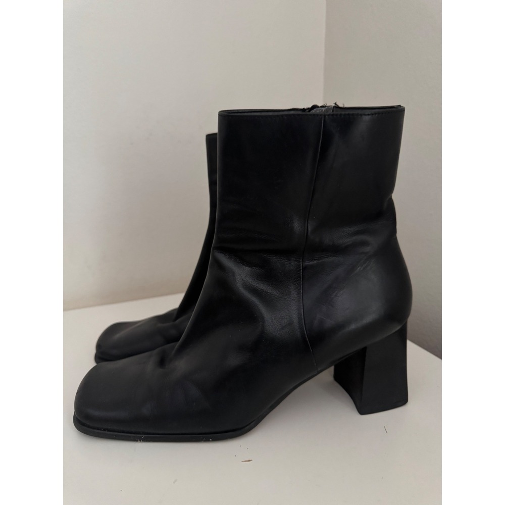 Nine West Zamir 0 Black Leather Square Toe Block Heel Ankle Boots Size 9M Y2K